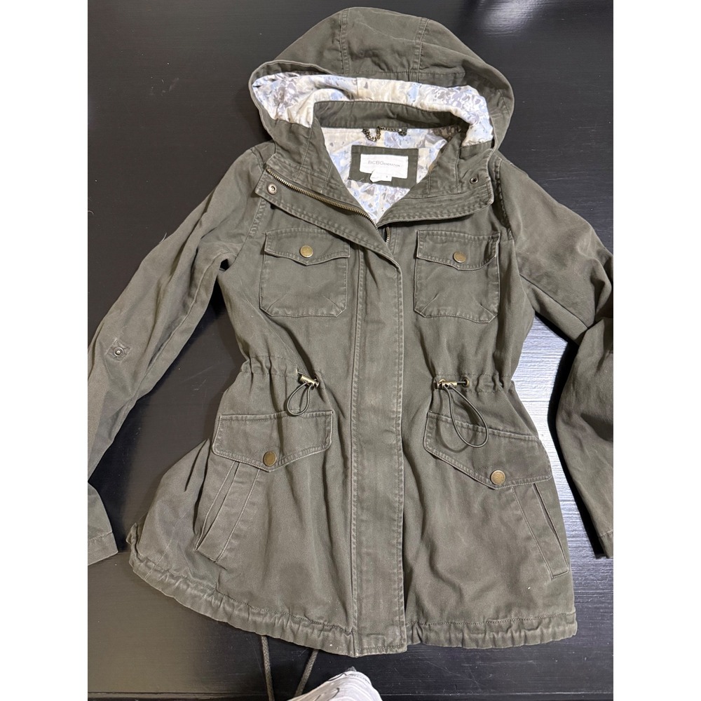 BCBGeneration Womens Olive Green Utility Field Jacket Hooded Drawstring Small